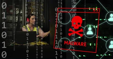Image of malware text, binary coding and caucasian female it engineer by Foto stock