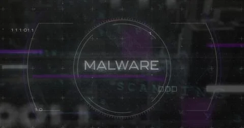 Image of malware text in circle with binary codes, circuit board texture over Stock Photos