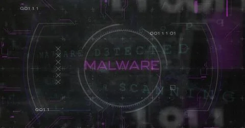 Image of malware text in circle with binary codes, circuit board texture over Stock Photos