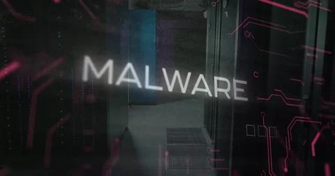 Image of malware text in circuit board pattern over server room in background Stock Photos