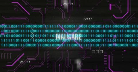 Image of malware text with computer circuit board over data processing on black Illustrazione stock