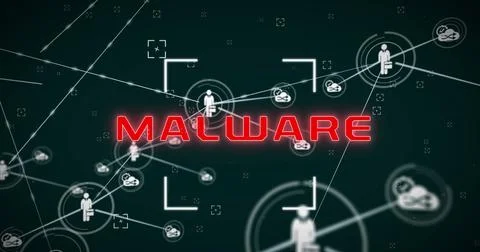 Image of malware text with connected settings and business person icons Stock-Fotos