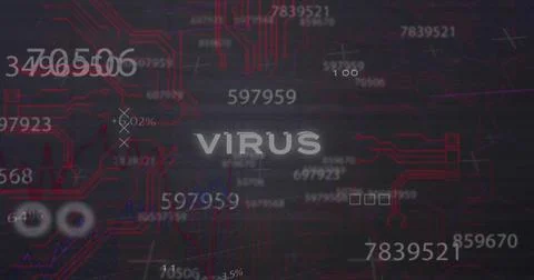 Image of malware text, numbers and data processing over computer motherboard 스톡 사진