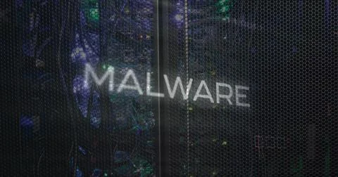 Image of malware text over data processing and computer motherboard and servers Stock Illustration