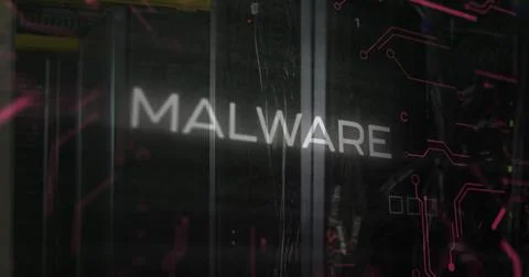 Image of malware text over data processing and server room Illustrazione stock