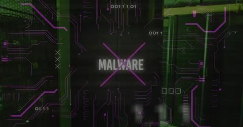 Image of malware text over data processing and server room Illustrazione stock