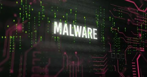 Image of malware text over network and binary data processing on black Stock Photos