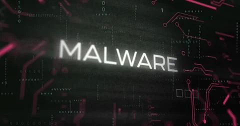 Image of malware text over processing data and network on dark interface Foto stock
