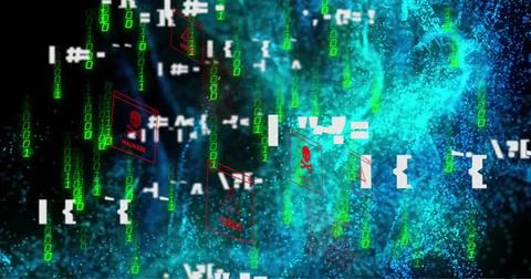 Image of malware text with skull and bones, binary coding and data processing Stock Photos