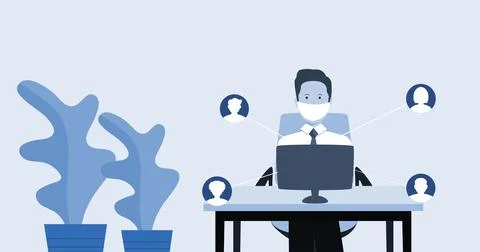 Image of man in face mask networking using computer Stock Illustration