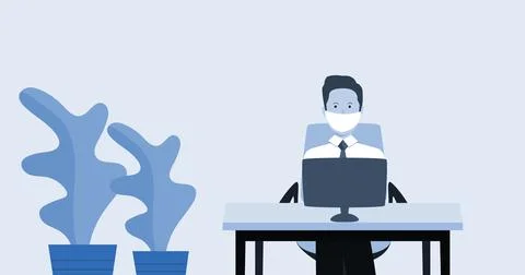 Image of man in face mask networking using computer Stock Illustration