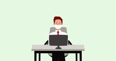 Image of man in face mask networking using computer Stock Illustration