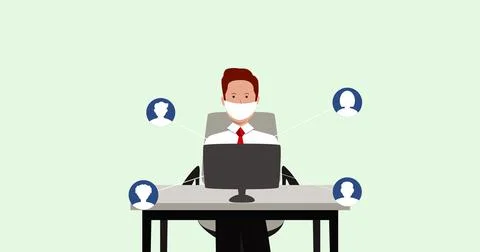 Image of man in face mask networking using computer 스톡 일러스트