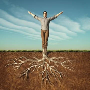Image of a man that has taken root in the ground. Stock Illustration