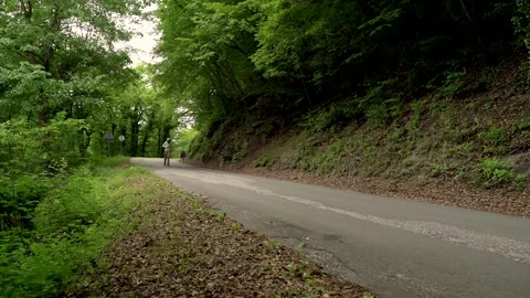 Image of a man jogging alone at calm road surrounded by forest, Croatia. Stock Footage 132725645