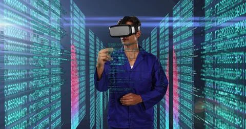 Image of man in overalls and virtual reality headset swiping virtual touchscreen Illustrazione stock