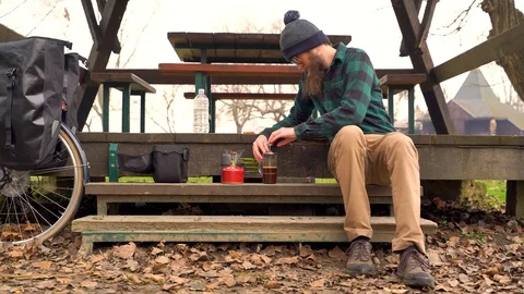Image of a man preparing coffee using french press, Croatia. Video stock 127218485