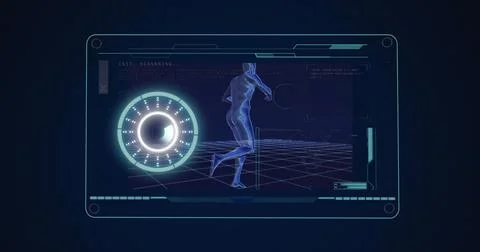 Image of man running with scope scanning and data processing Illustrazione stock