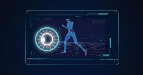 Image of man running with scope scanning and data processing Illustrazione stock