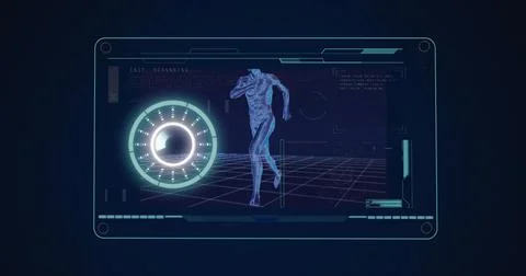 Image of man running with scope scanning and data processing 스톡 사진