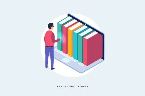 An image of man standing in front of laptop and electronic books. Stock Illustration