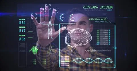 Image of man touching interactive screen with medical data processing and scope Foto stock