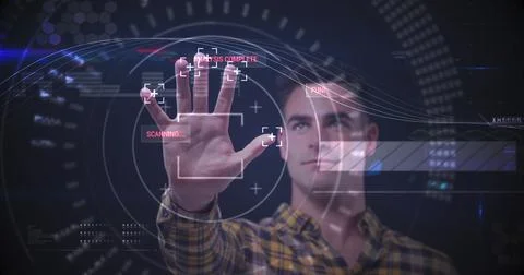 Image of man touching interactive screen with data processing and scope scanning 스톡 사진