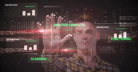 Image of man touching interactive screen with data processing and scope scanning Stock Photos
