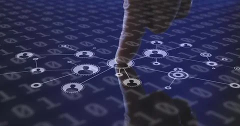 Image of man touching interactive screen with network of people icons and binary Foto stock