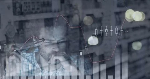 Image of man using computer, statistics and data processing over shelves in shop Stock Photos