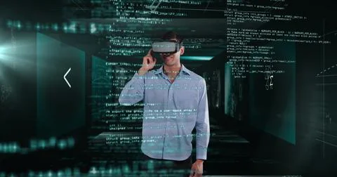Image of man wearing virtual reality headset over screens with scientific data Stock Illustration