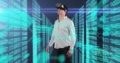 Image of man wearing virtual reality headset over screens with computer data Stock Illustration
