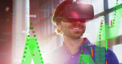 Image of man wearing Virtual Reality headset over financial data processing and 스톡 일러스트