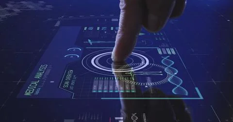 Image of man's finger touching interactive screen with medical data processing 스톡 사진