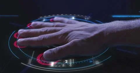 Image of man's hand touching interactive screen reading fingerprints and data Stock Photos