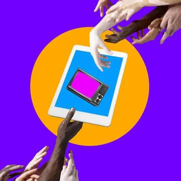 Image of many hands holding tablet on bright purple background. Creative collage Illustrazione stock