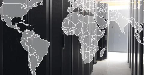 Image of map against server room in background Stock Photos