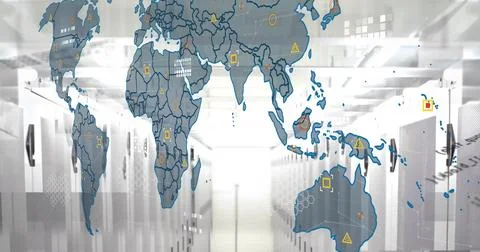 Image of map and computer language over data server room Stock Photos