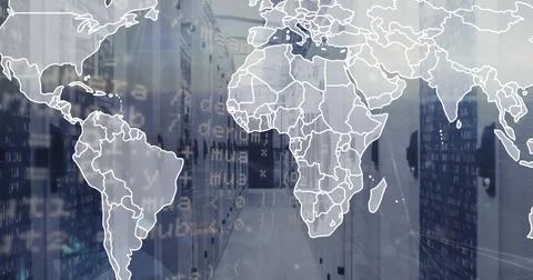 Image of map and computer language over binary codes on server racks in server Stock Photos