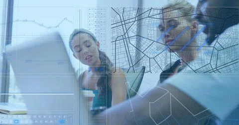 Image of map and financial data processing over diverse business people Stock Photos