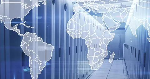 Image of map, computer language and lens flares over server room in backgroun Stock Photos