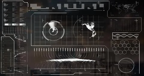 Image of map, globe, loading bars, soundwave over modern buildings against .. 스톡 사진