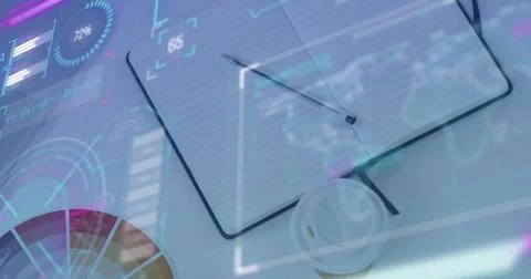 Image of map, graphs, loading icons over coffee cup and office supplies on desk Stock Illustration