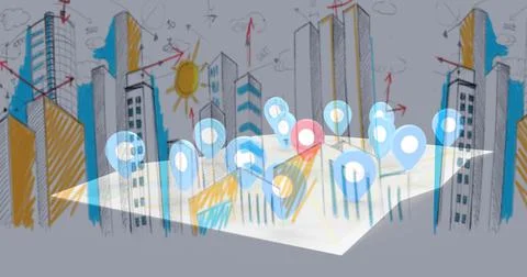 Image of map with location pins over cityscape Ilustração Stock
