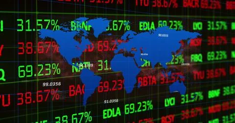 Image of map with numbers over trading board and computer language against black 스톡 사진