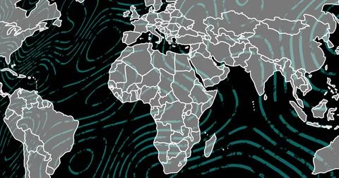 Image of map over circular patterns against black background Stock Photos