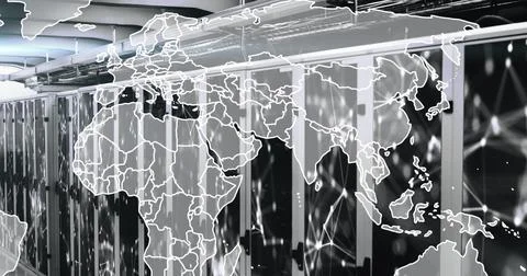 Image of map over connected dots on server racks of server room Stock Photos