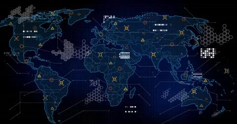 Image of markers and data processing over world map 库存插图