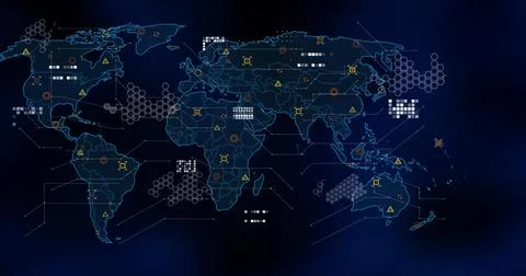 Image of markers and data processing over world map Illustrazione stock