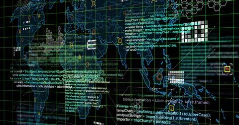 Image of markers and data processing over world map Illustrazione stock